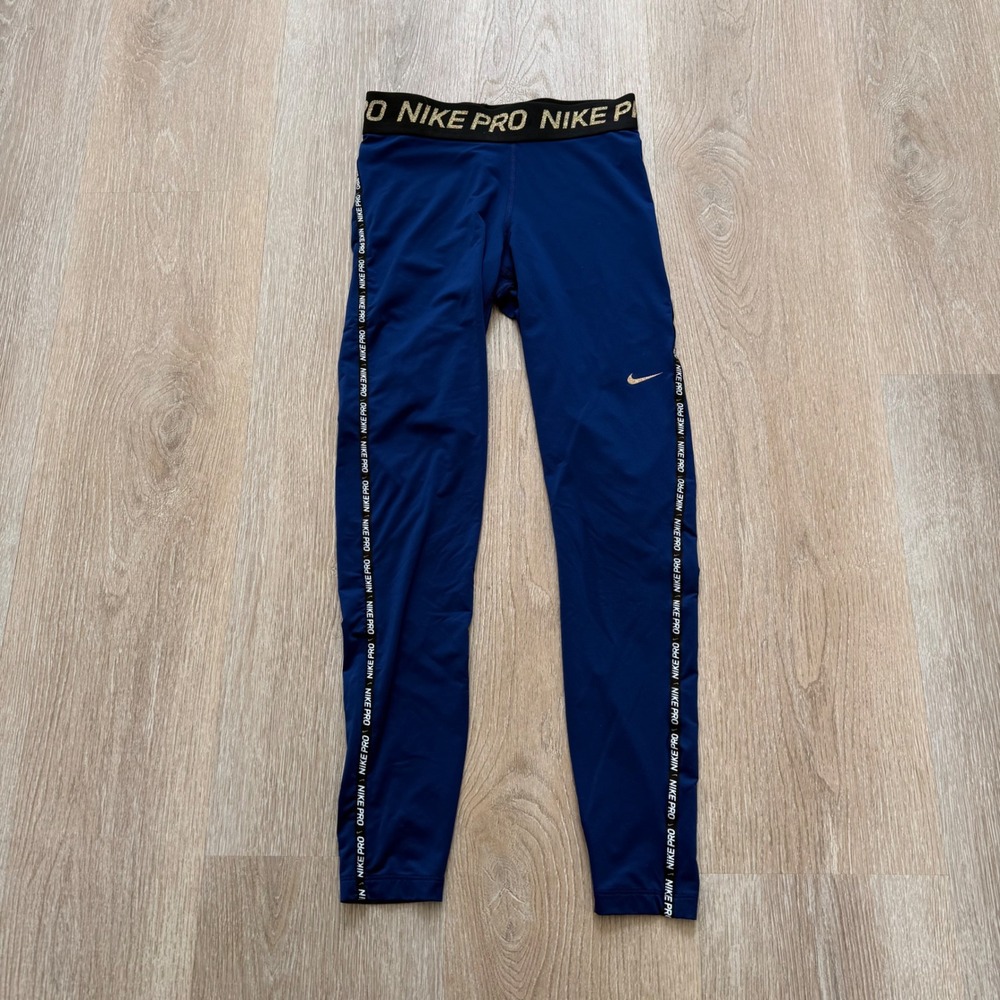 Nike Pro Dri-FIT‎ Leggings Womens S Blue Gold Glitter Logo Tape Athletic Tights